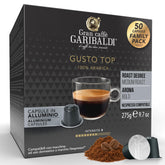 Caffè Garibaldi vista frontal de la caja con 50 cápsulas, conservación garantizada