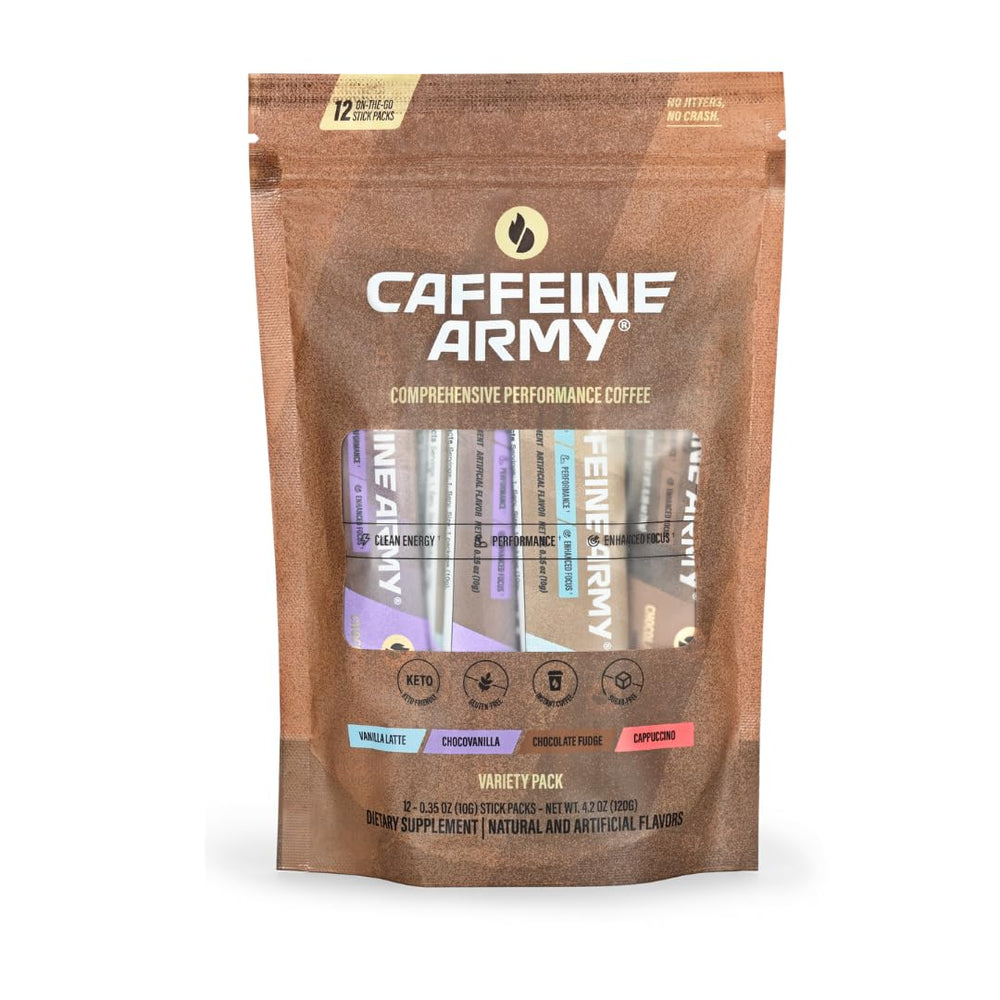 CAFFEINE ARMY pack frontal mostrando los 12 sticks y variedad de sabores
