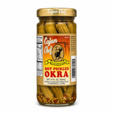 Cajun Chef frasco frontal de okra encurtida mostrando etiqueta y tamaño
