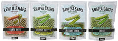 Calbee Snapea Crisps pack variedad mostrando las cuatro bolsas y beneficios de sabores