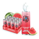 CALIWATER pack frontal de 12 latas mostrando diseño y sabor sandía, hidratación ligera