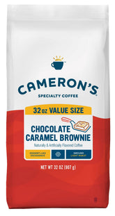 Cameron's Coffee bolsa frente mostrando diseño y beneficio sabor goloso