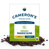 Cameron's Coffee bolsa frente mostrando la mezcla organica y 4 lb, conveniencia
