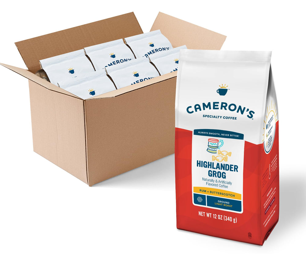 Cameron's Coffee bolsa frontal Highlander Grog mostrando diseño y tamaño, ideal para regalo
