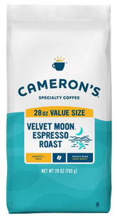 Cameron's Coffee frente del empaque Velvet Moon que muestra tamaño y marca