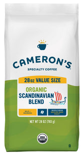 Cameron's Coffee paquete frontal Scandinavian 28 oz mostrando diseño y tamaño