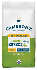 Cameron's Coffee bolsa frontal 28 oz mostrando sello y diseño, conserva frescura