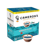 Cameron's Coffee paquete frontal mostrando 32 cápsulas y diseño compostable