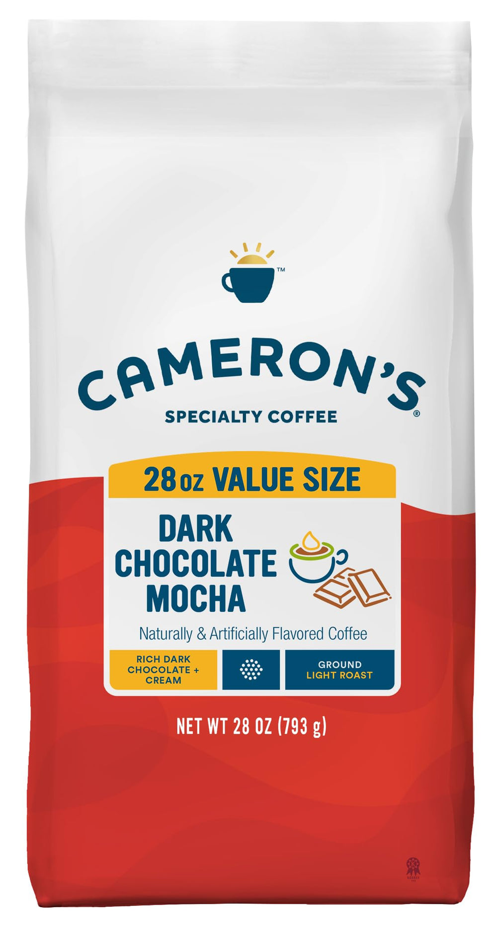 Cameron's Coffee bolsa frontal Dark Chocolate Mocha mostrando marca y beneficio de sabor intenso