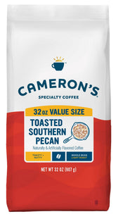 Cameron's Coffee empaque frontal que muestra sabor pecana y beneficio conveniencia