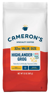 Cameron's Coffee bolsa frontal mostrando la marca y el blend Highlander Grog