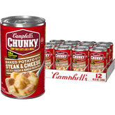 Campbell’s Chunky vista frontal de la lata mostrando etiqueta y tamaño, conveniencia inmediata