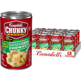 Campbell’s Chunky vista frontal de la lata mostrando marca y diseño, conveniencia inmediata