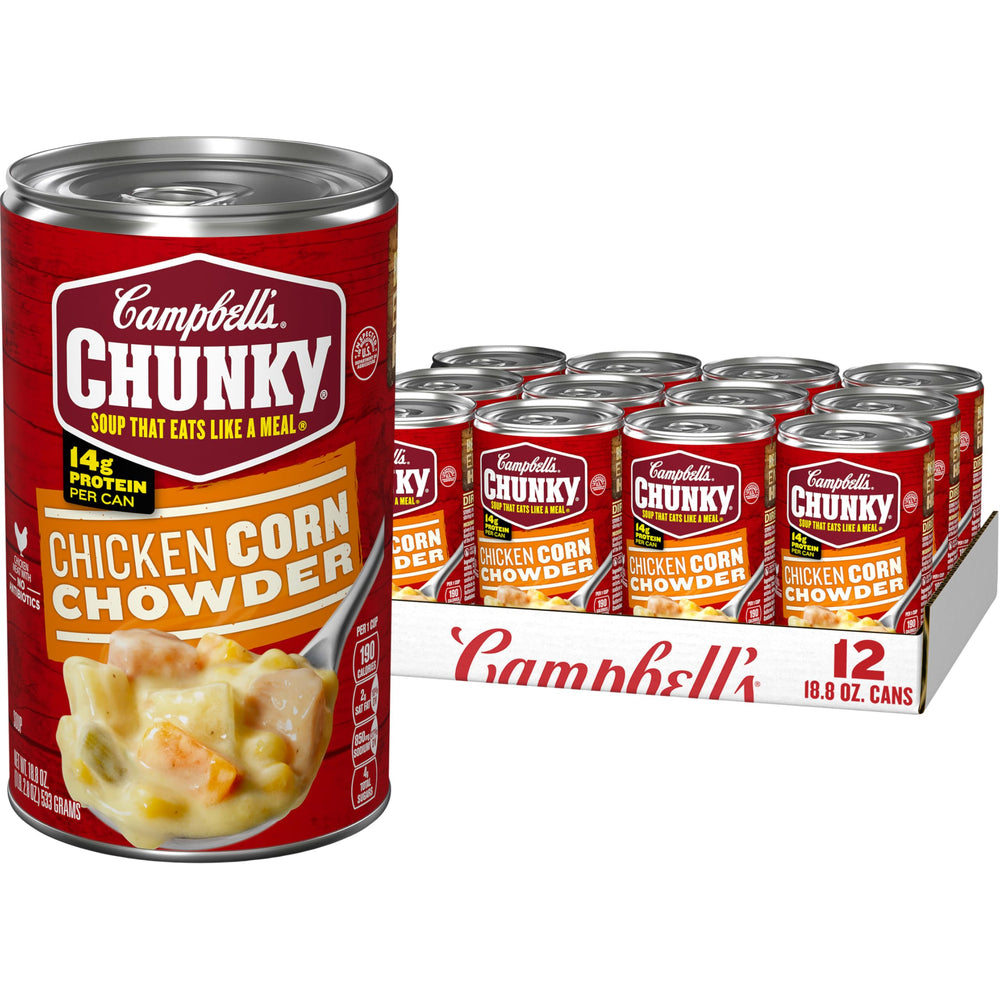 Campbell’s Chunky lata frontal mostrando diseño y tamaño, listo para despensa