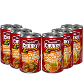 Campbell’s Chunky presentación frontal con latas variadas, conveniencia inmediata