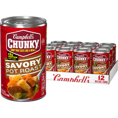 Campbell’s Chunky vista frontal del paquete de 12 latas mostrando marca y tamaño