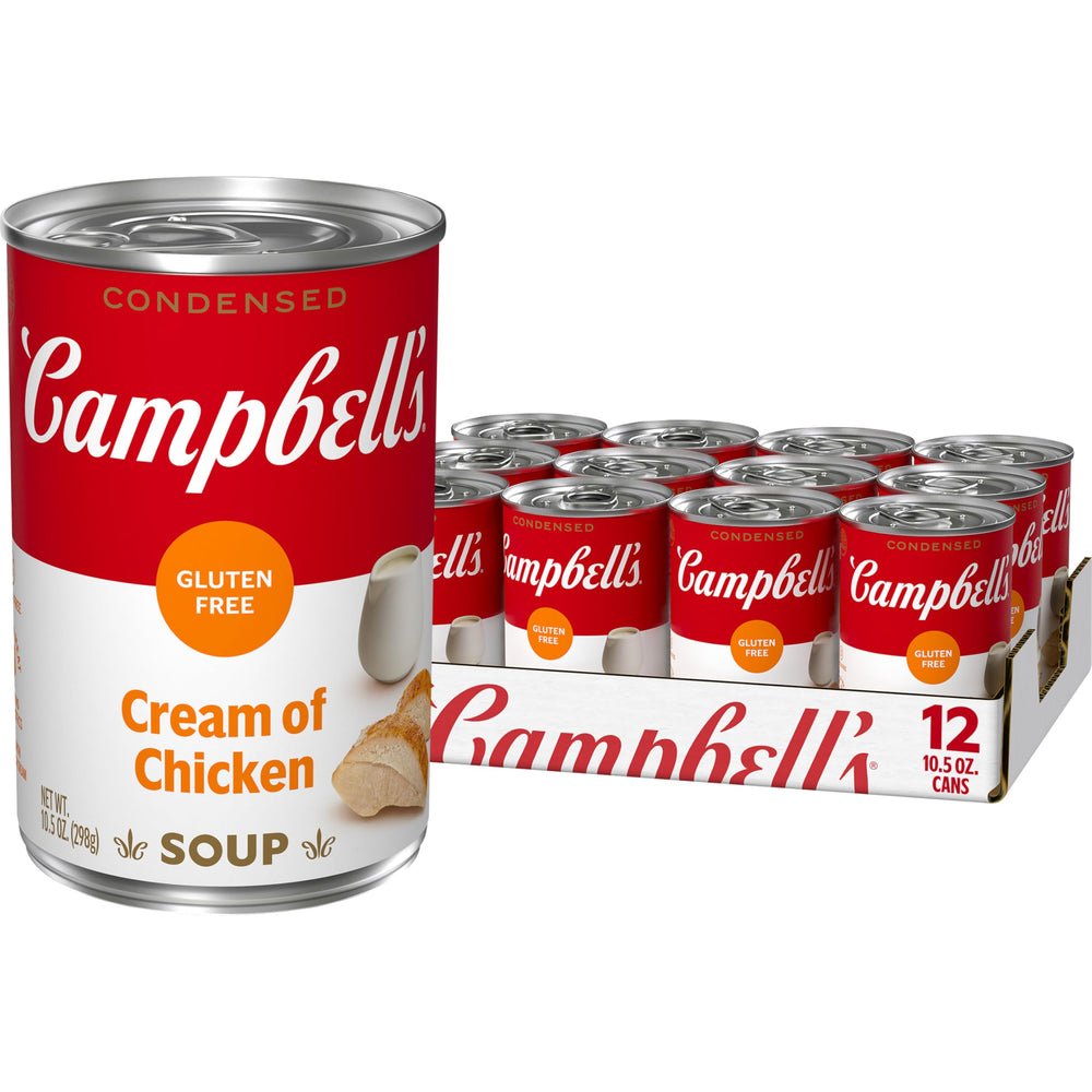 Campbell's lata frontal mostrando la crema de pollo, conveniencia instantánea