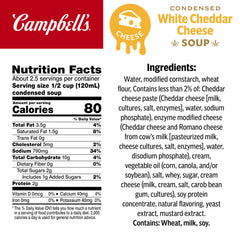 Campbell's detalle de etiqueta legible con ingredientes y beneficios prácticos