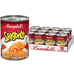 Campbell's frente de la lata de espagueti mostrando etiqueta clara y conveniencia