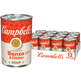 Campbell's lata frontal Banza Chickpea Pasta and Chicken Soup mostrando el diseño y marca, conveniencia instantánea