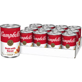 Campbell's lata frente mostrando etiqueta clara y tamaño de paquete, conveniencia inmediata