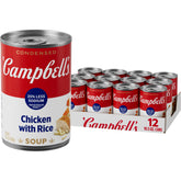 Campbell's lata frontal de pollo y arroz mostrando diseño y conveniencia