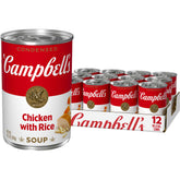 Campbell's lata frontal Pollo y Arroz mostrando etiqueta clara y tamaño práctico