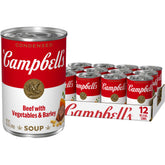 Campbell's lata frontal mostrando etiqueta y tamaño, ahorro de despensa