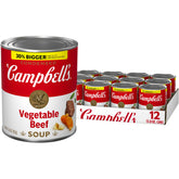 Campbell's lata frontal Vegetable Beef mostrando diseño y peso, útil para identificar producto