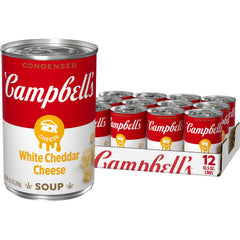 Campbell's lata frontal mostrando la etiqueta y la presentación conveniente