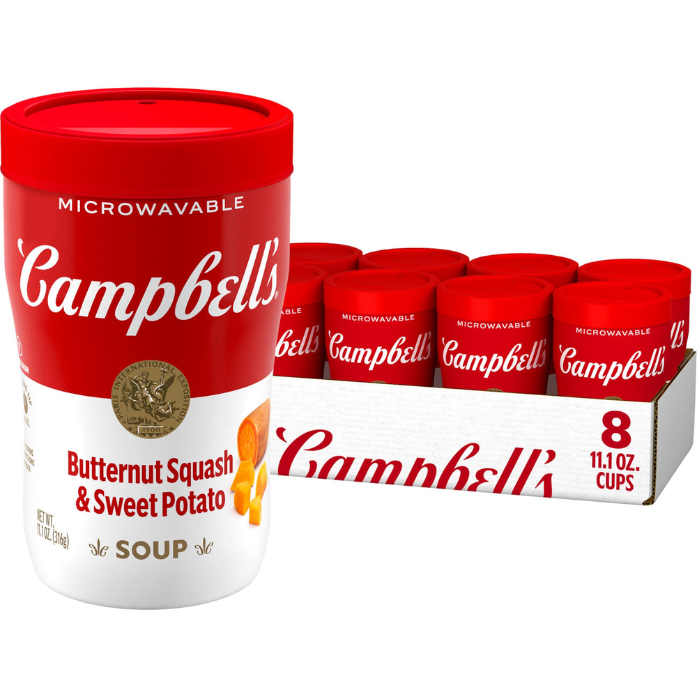 Campbell's vaso frontal mostrando etiqueta y conveniencia para llevar