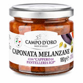 CAMPO D'ORO tarro frontal mostrando caponata siciliana, presentación auténtica