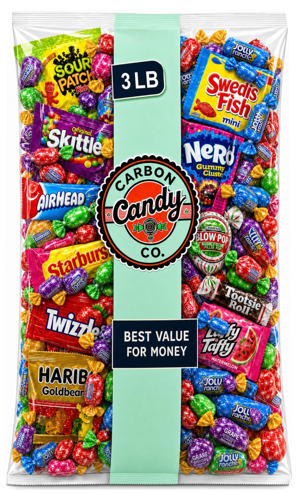 CARBON CANDY CO. vista frontal del paquete mostrando variedad y tamaño