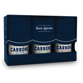Carbone frascos frente mostrando las tres variedades y presentación gourmet