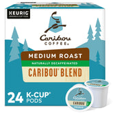 Caribou Coffee Caribou Blend Decaf frontal del paquete mostrando 24 cápsulas y diseño