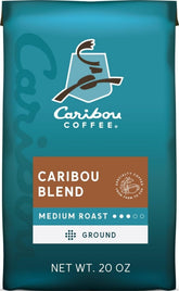 Caribou Coffee bolsa frontal 20 oz mostrando marca y beneficio de sabor equilibrado