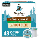 Caribou Coffee caja frontal con 48 cápsulas que muestra el diseño y beneficio de conveniencia