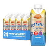 Carnation Breakfast Essentials frontal del envase mostrando sabor caramelo y conveniencia