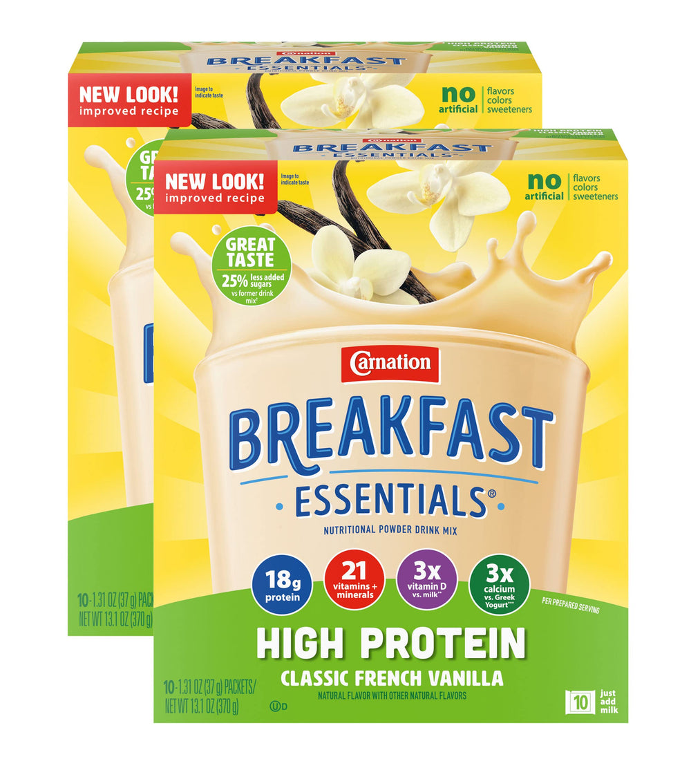 Carnation Breakfast Essentials vista frontal mostrando el envase y conveniencia