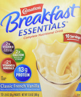 Carnation Breakfast Essentials empaque frontal mostrando 10 sobres y beneficios