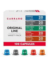 Carraro cápsulas frontal del paquete mostrando variedad y conveniencia