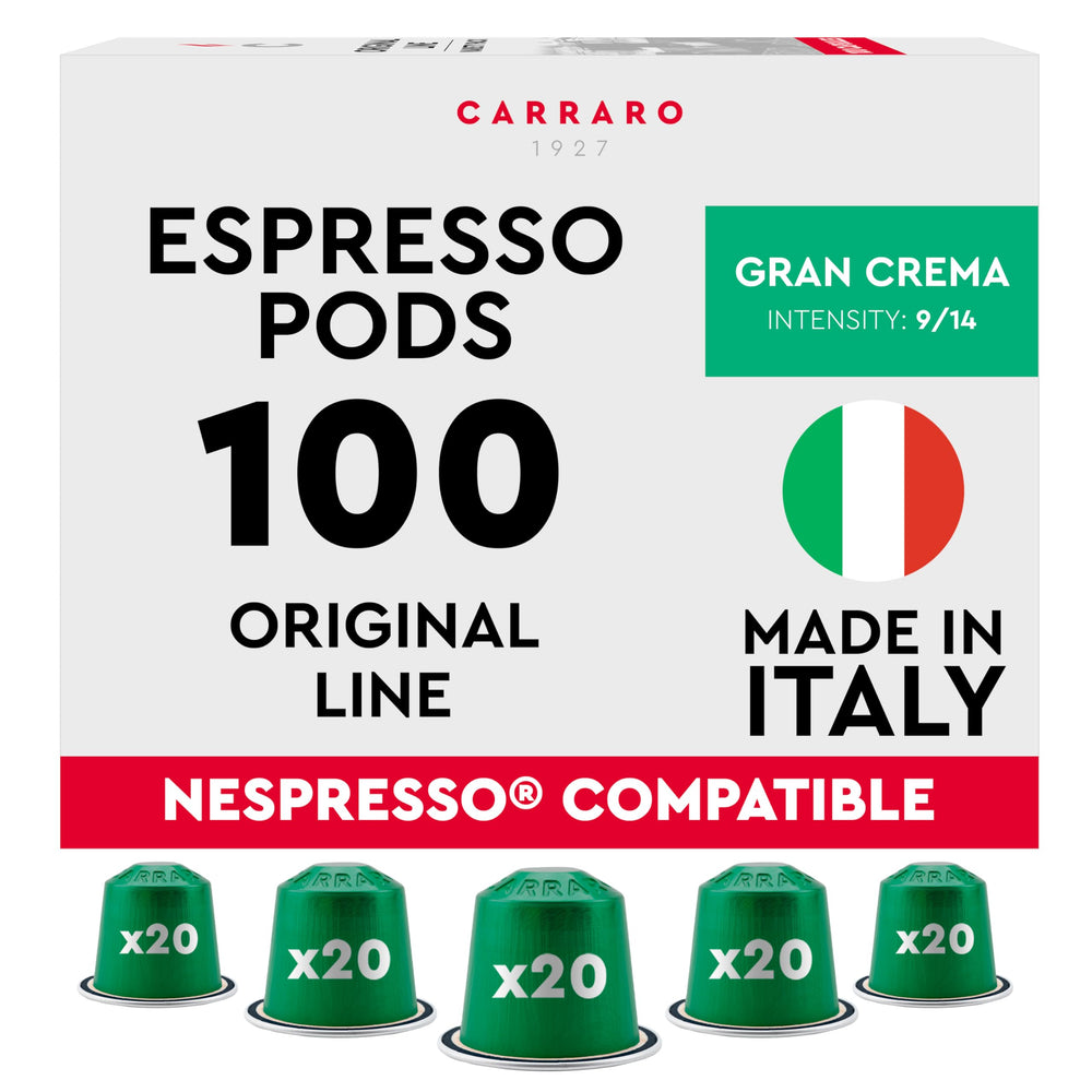 Carraro 1927 Gran Crema frontal del paquete mostrando marca y cápsulas, conserva frescura