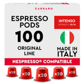 Carraro cápsulas frontal del paquete mostrando 100 unidades y conveniencia