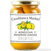 Casablanca Market frasco frontal mostrando limones enteros y beneficios de sabor auténtico