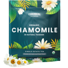 Cederberg Tea Company empaque frontal del té de manzanilla con sello orgánico y ventaja sostenible