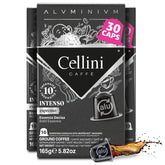 Cellini Caffè Intenso frente del empaque mostrando 30 cápsulas y beneficios