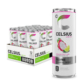 CELSIUS lata frontal pack de 12 con sabor pitahaya lima, energía funcional