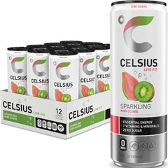 CELSIUS lata frente mostrando diseño y sabor kiwi guayaba