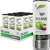 CELSIUS lata frente Green Apple Cherry mostrando diseño y energía
