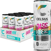 CELSIUS lata frontal Oasis Vibe mostrando etiqueta y diseño refrescante